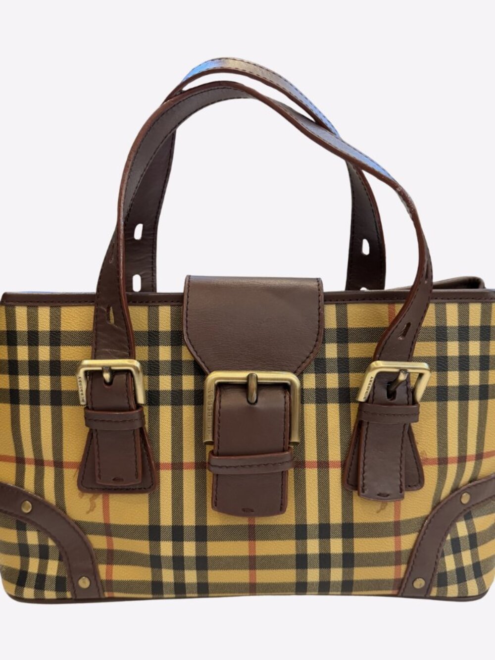 Burberry Haymarket Check Buckle Satchel Chocolate Hand Bag Vintage Designer Y2K
